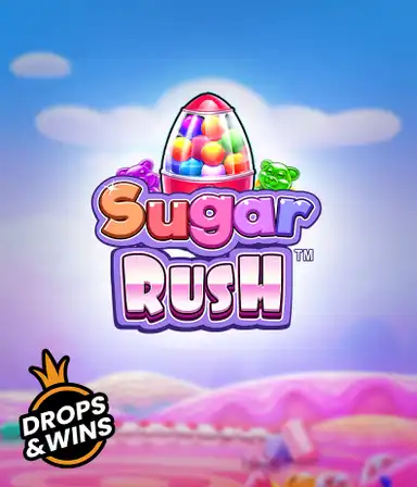 Изображение игрового автомата Sugar Rush от Pragmatic Play, демонстрирующее разноцветный мир конфет и сладостей. На изображении видны иконки в виде конфет и желейных мишек, окруженные яркой атмосферой. В центре расположен логотип игры Sugar Rush, подчеркивающий сахарную тематику игры.